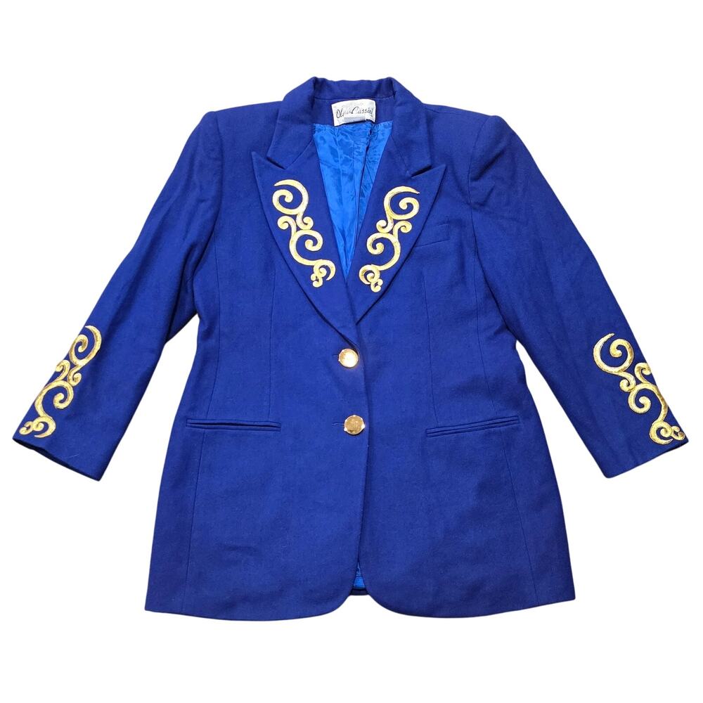 Vintage Oleg Cassini Royal Blue Gold Swirl Accent Embroidered Wool Blazer Jacket